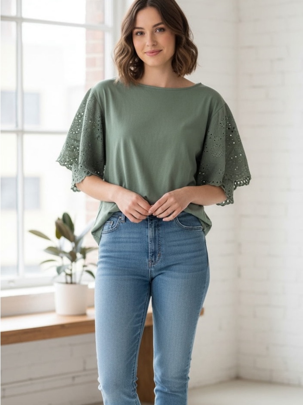 Uniqlo Sage Green Eyelet Flutter Sleeve Tee